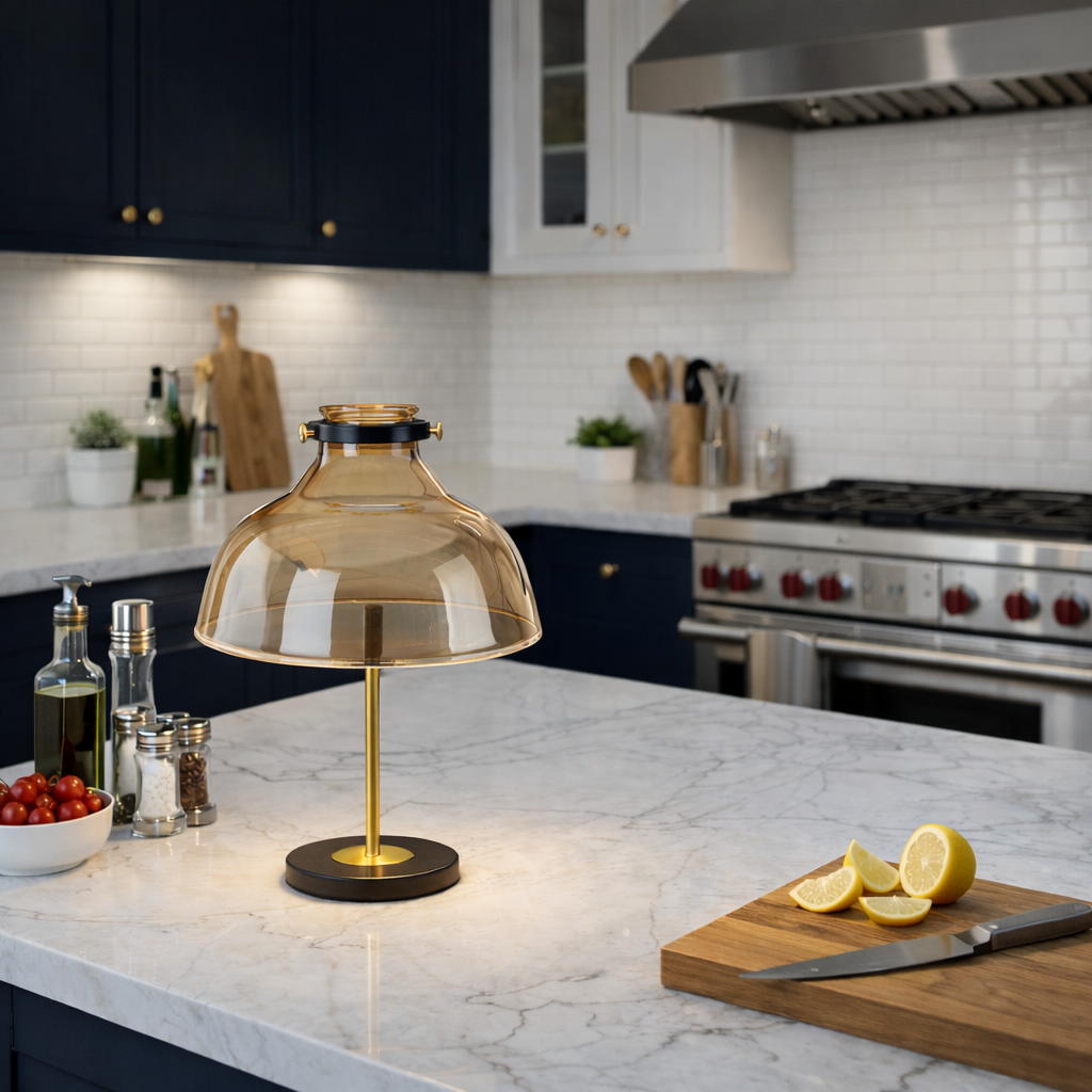Abat-jour Tuileries en verre sur lampe de table dans une cuisine claire