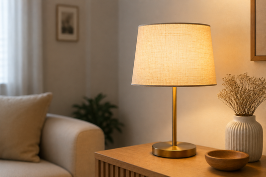 Lampe avec abat-jour en tissu diffusant une lumière chaude dans un intérieur cosy