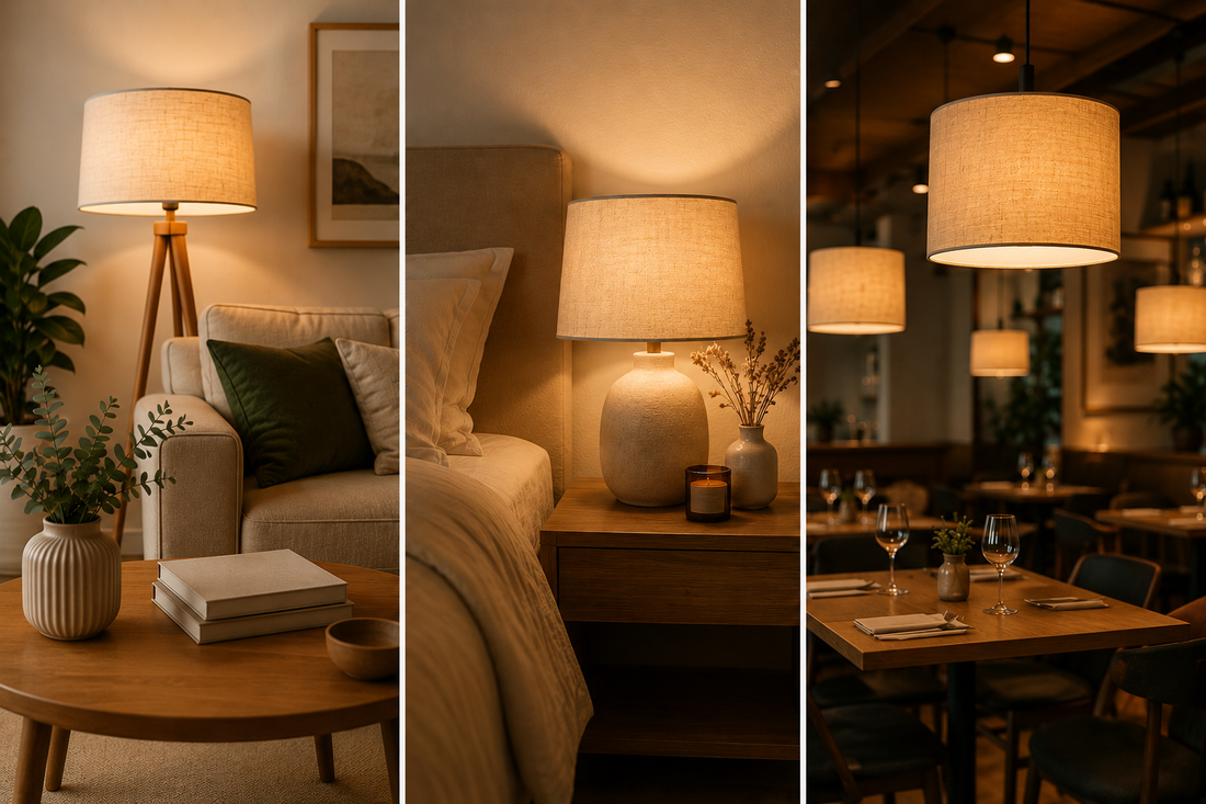 Trois ambiances lumineuses avec abat-jour dans un salon, une chambre et un restaurant