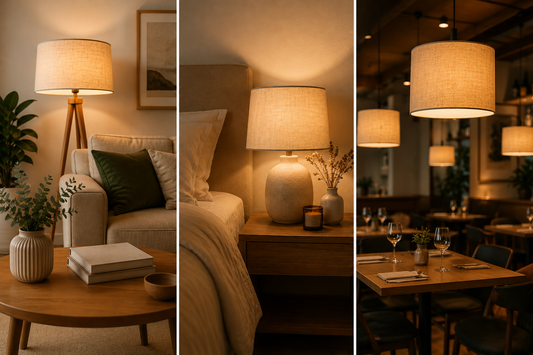 Trois ambiances lumineuses avec abat-jour dans un salon, une chambre et un restaurant