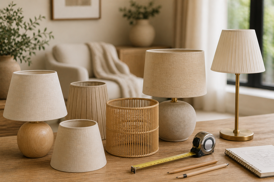 Photo de plusieurs abat-jours de différentes tailles avec mètre ruban sur une table dans un intérieur chaleureux