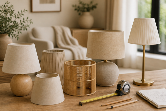 Photo de plusieurs abat-jours de différentes tailles avec mètre ruban sur une table dans un intérieur chaleureux