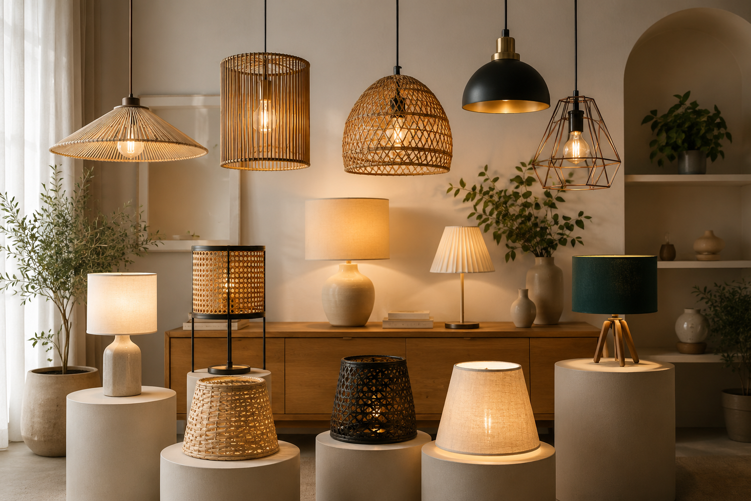 Collection d’abat-jours  en suspensions, lampes et matières variées