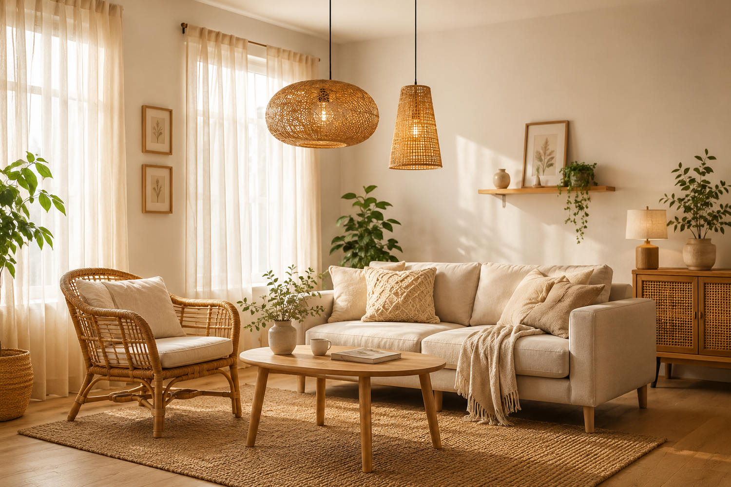 Collection d’abat-jours naturels en rotin, bambou et lin dans un salon lumineux et chaleureux