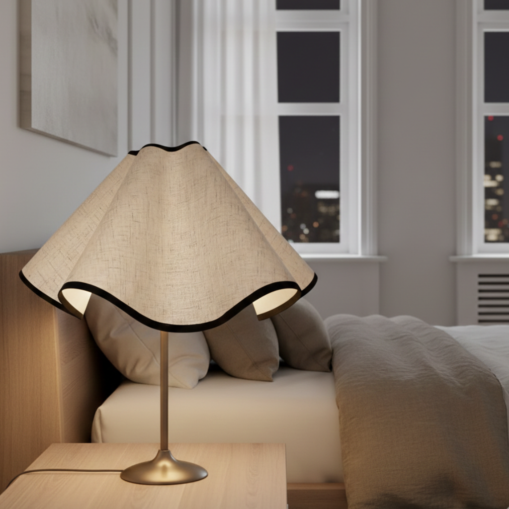 Abat-jour Bagatelle sur lampe de chevet dans une chambre avec lumière chaude