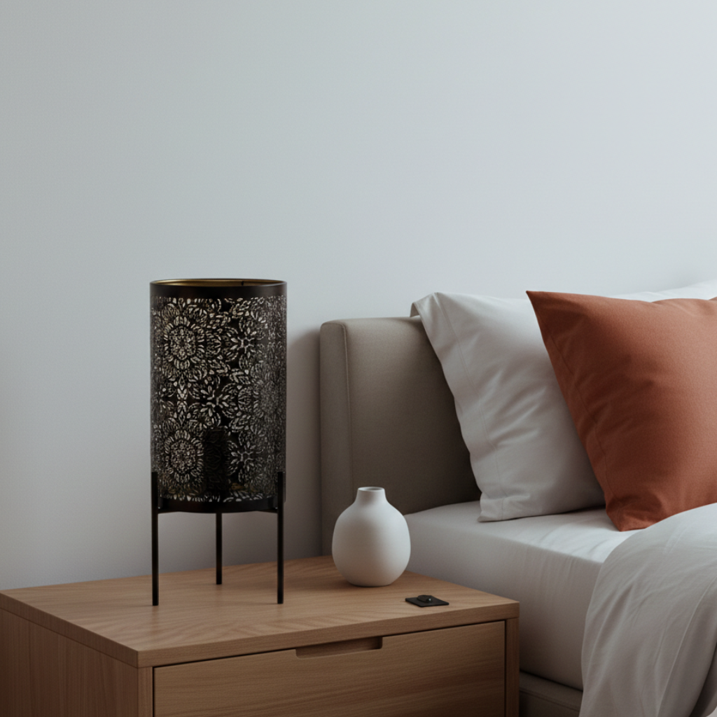 Abat-jour Beaubourg sur lampe de chevet dans une chambre claire