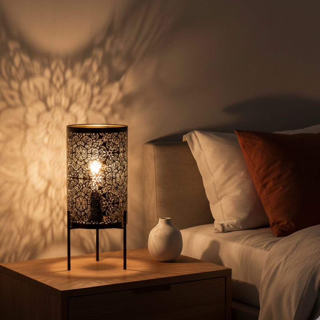 Abat-jour Beaubourg sur lampe de chevet dans une chambre avec lumière chaude