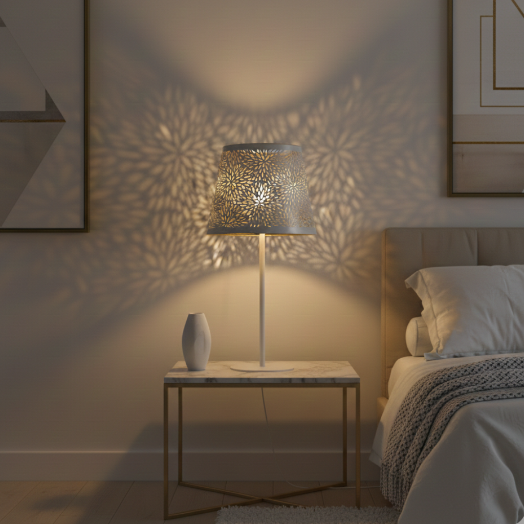 Abat-jour Bir-Hakeim sur lampe de chevet dans une chambre avec lumière chaude