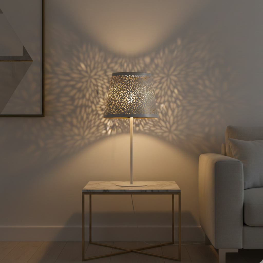 Abat-jour Bir-Hakeim sur lampe de table dans un salon avec lumière chaude