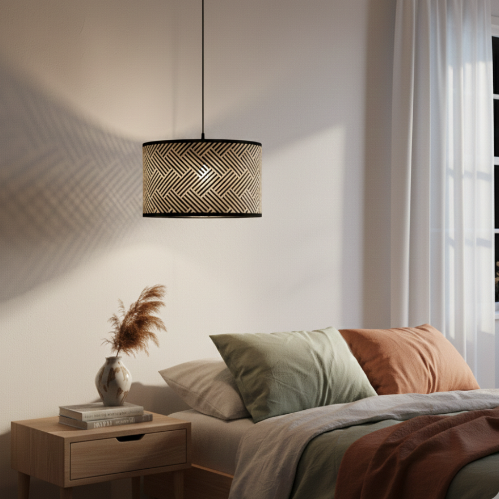 Abat-jour Bonaparte avec motif chevrons en suspension dans une chambre claire