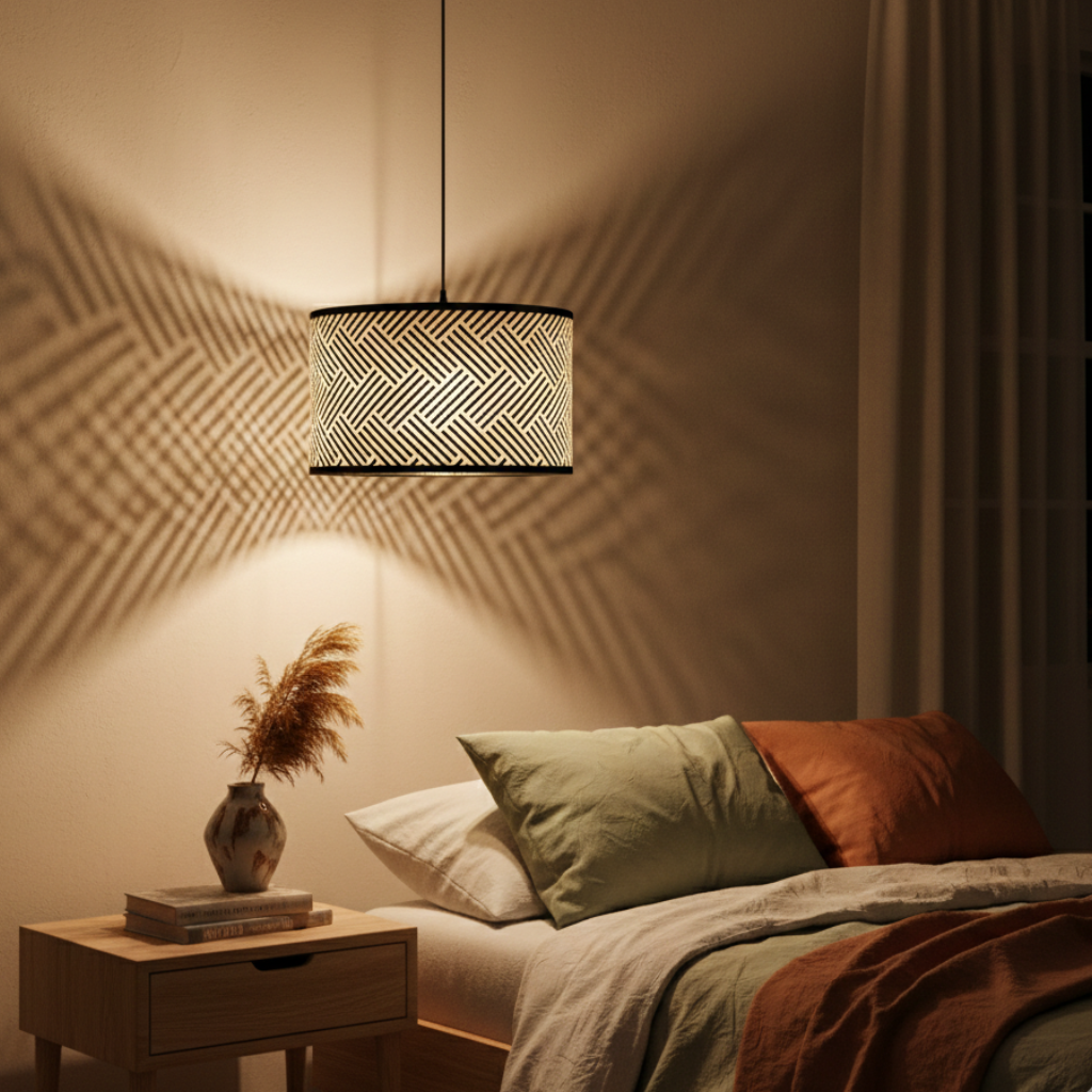 Abat-jour Bonaparte avec motif chevrons en suspension dans une chambre avec lumière chaude