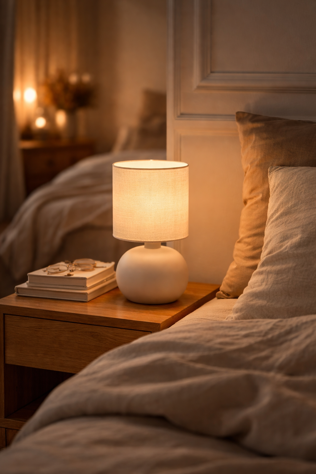 Abat-jour Censier sur lampe de chevet dans une chambre avec lumière chaude