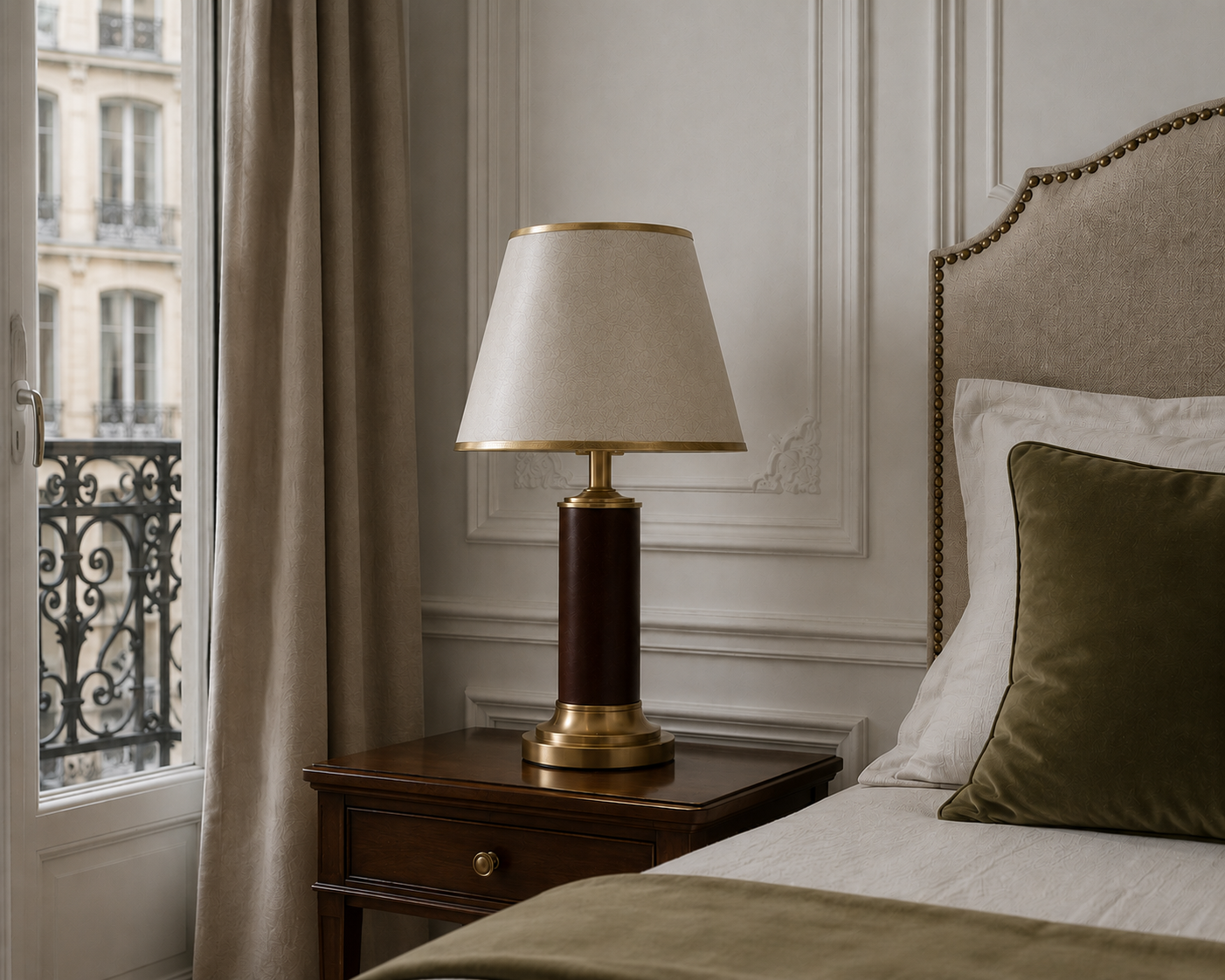 Abat-jour Haussmann beige sur lampe de chevet dans une chambre claire