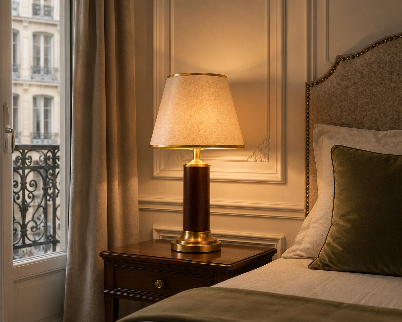 Abat-jour Haussmann beige sur lampe de chevet dans une chambre avec lumière chaude
