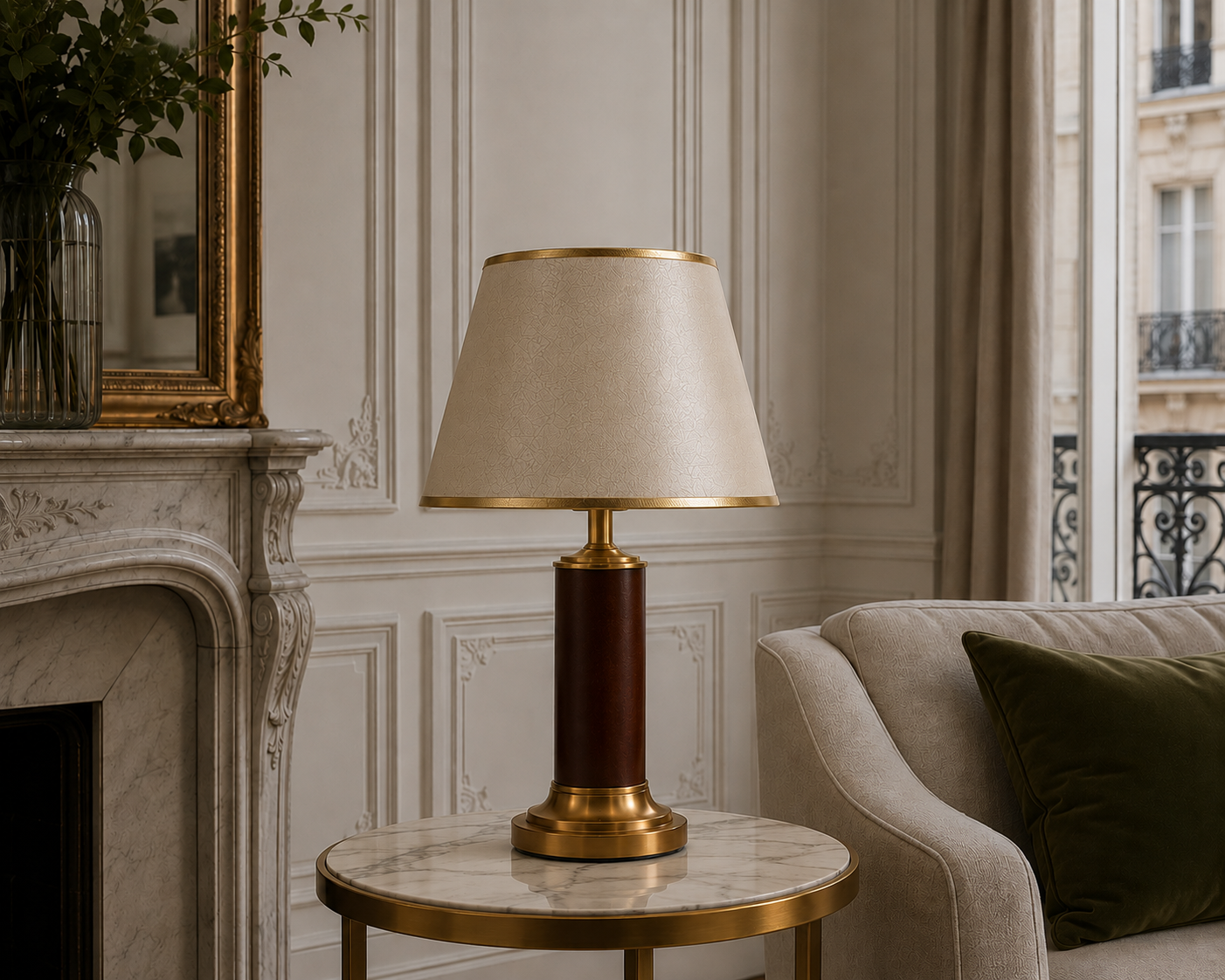 Abat-jour Haussmann beige sur lampe de table dans un salon clair