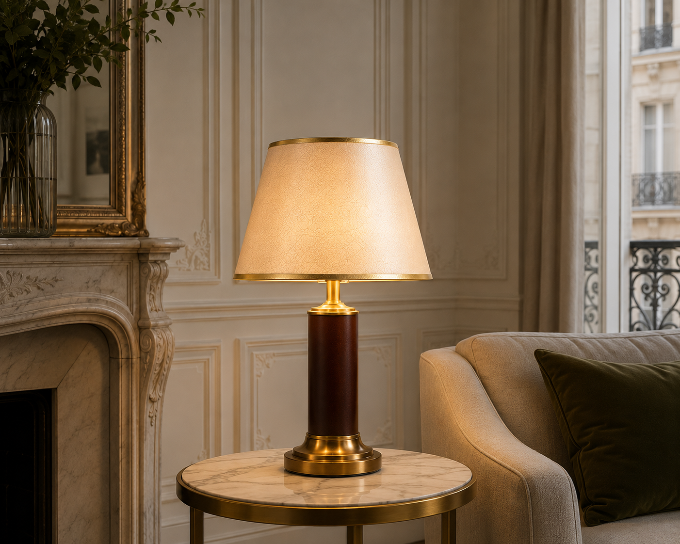 Abat-jour Haussmann beige sur lampe de table dans un salon avec lumière chaude