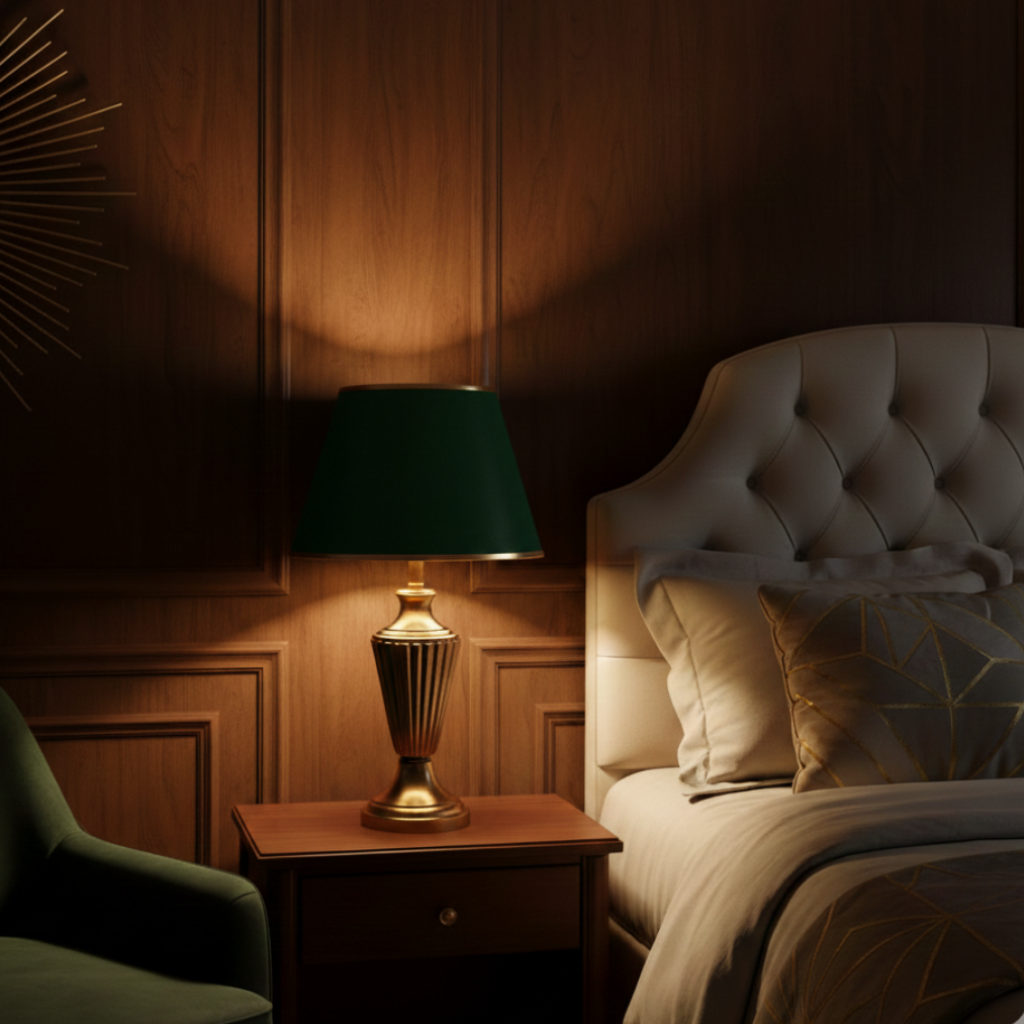 Abat-jour Haussmann vert sur lampe de chevet dans une chambre avec lumière chaude