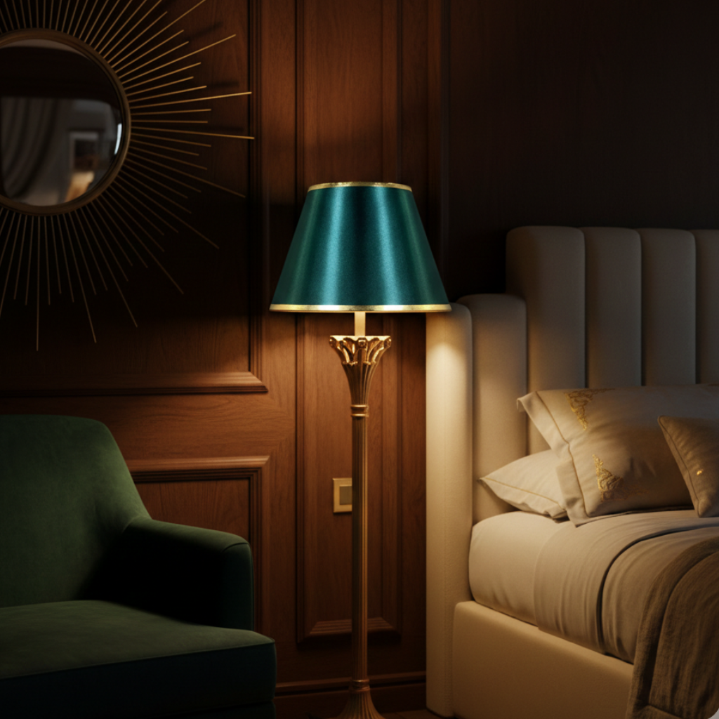 Abat-jour Haussmann vert sur lampe de chevet dans une chambre sombre