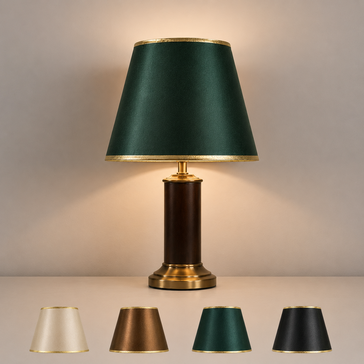 Abat-jour Haussmann vert sur lampe de table avec lumière chaude