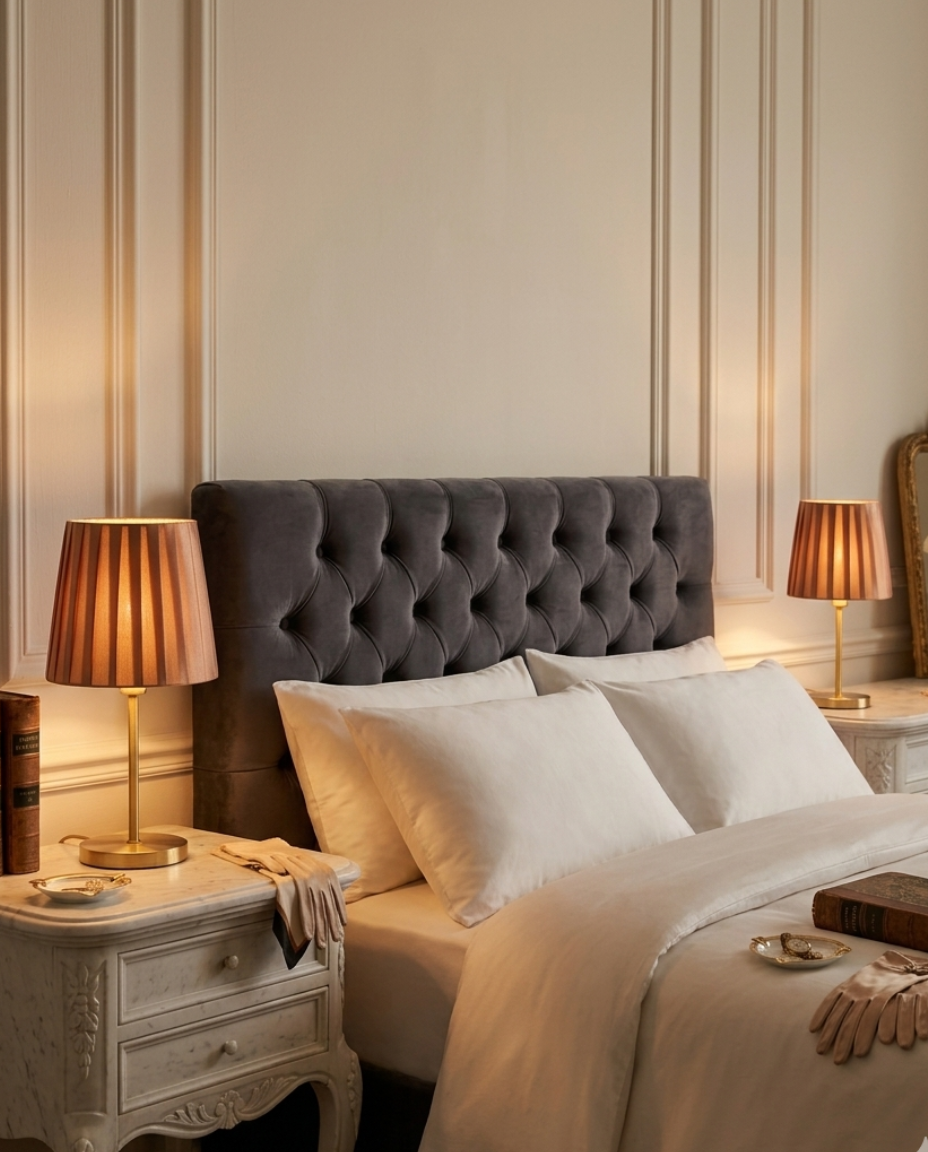 Abat-jour Lamarck marron sur lampe de chevet dans une chambre avec lumière chaude