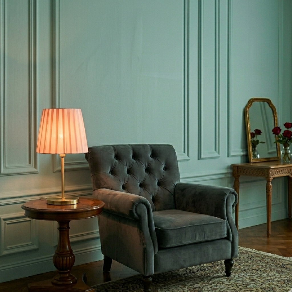 Abat-jour Lamarck rose sur lampe de table dans un salon avec lumière chaude
