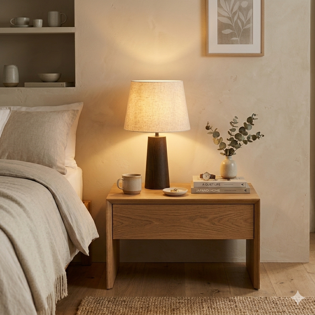 Abat-jour sur lampe de chevet dans une chambre à l’ambiance chaleureuse
