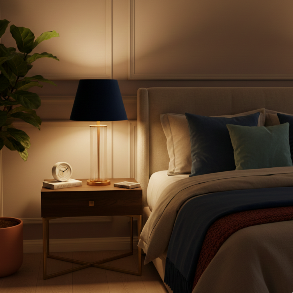 Abat-jour Montaigne bleu sur lampe dans une chambre avec lumière chaude