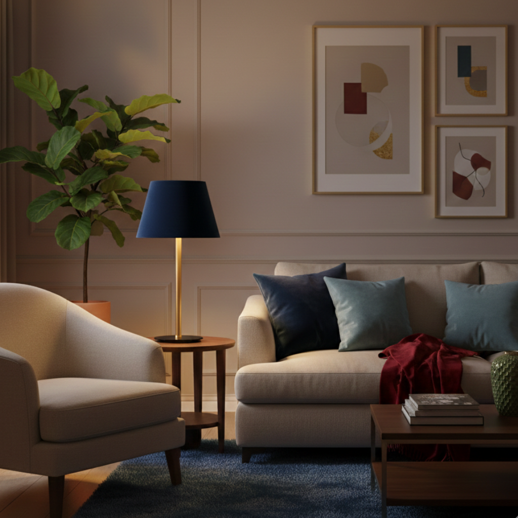 Abat-jour Montaigne bleu sur lampe dans un salon avec lumière chaude