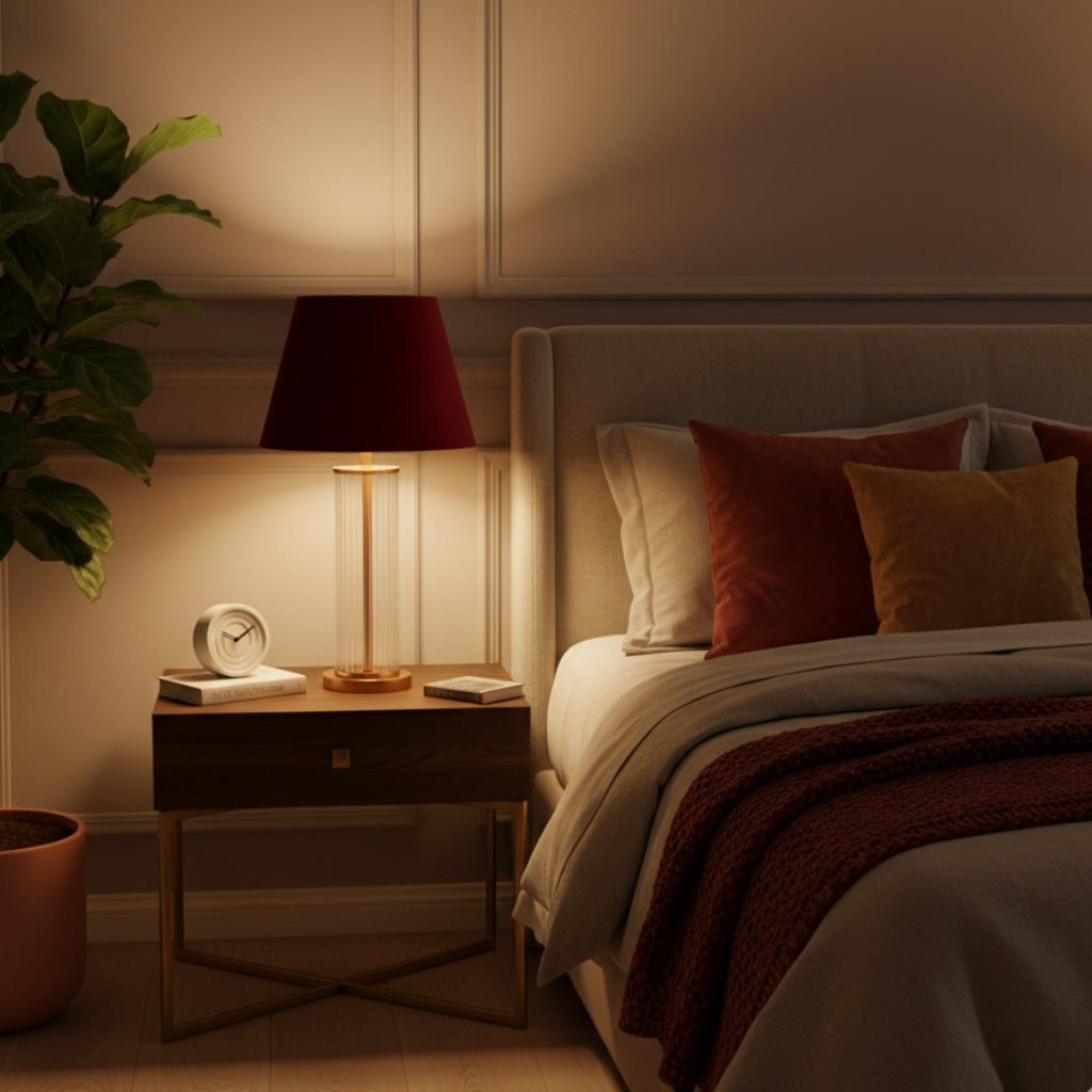 Abat-jour Montaigne rouge sur lampe de chevet dans une chambre avec lumière chaude