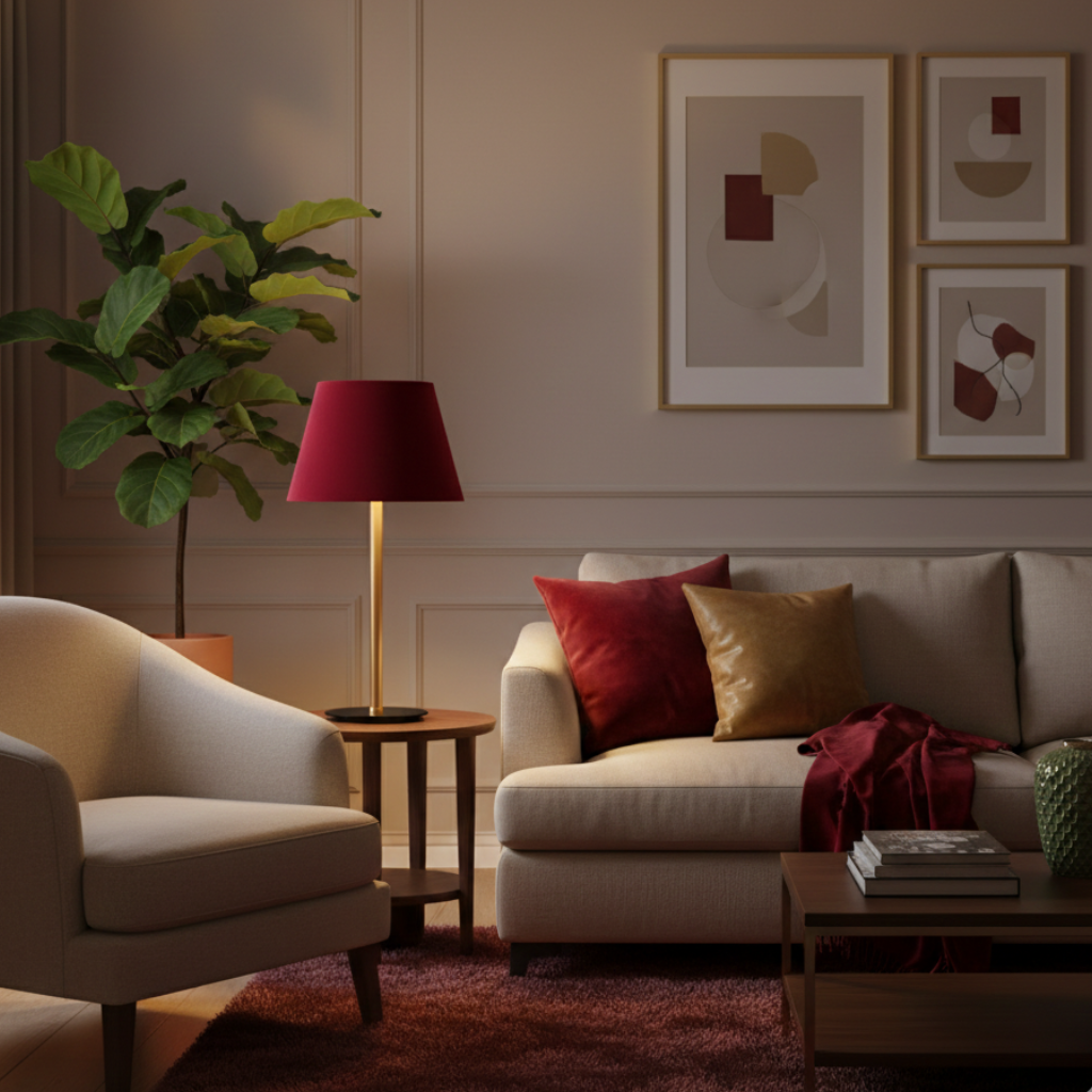 Abat-jour Montaigne rouge sur lampe dans un salon clair