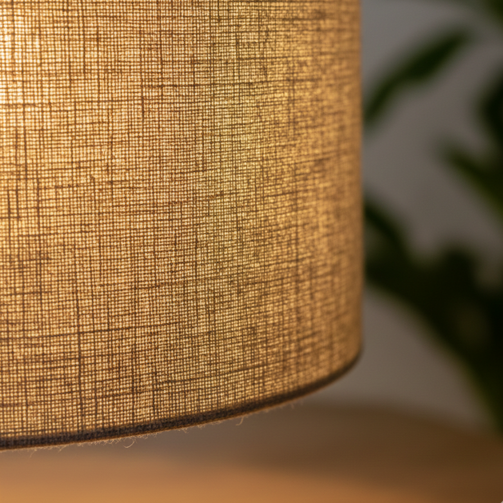 Détail de la texture tissu et de la lumière chaude de l’abat-jour Montaigne avec doublure dorée