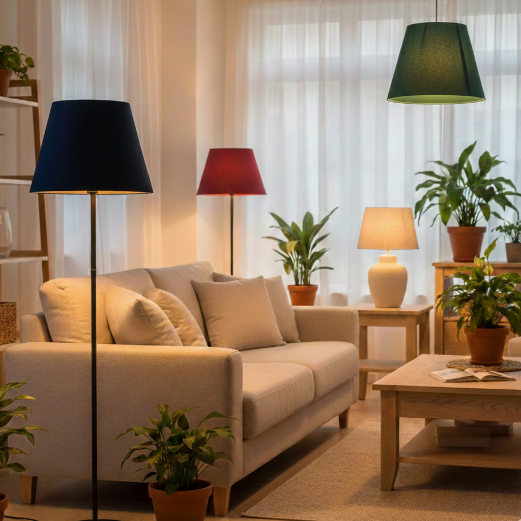 Abat-jour Montaigne dans un salon avec plusieurs abat-jours colorés et lumière douce