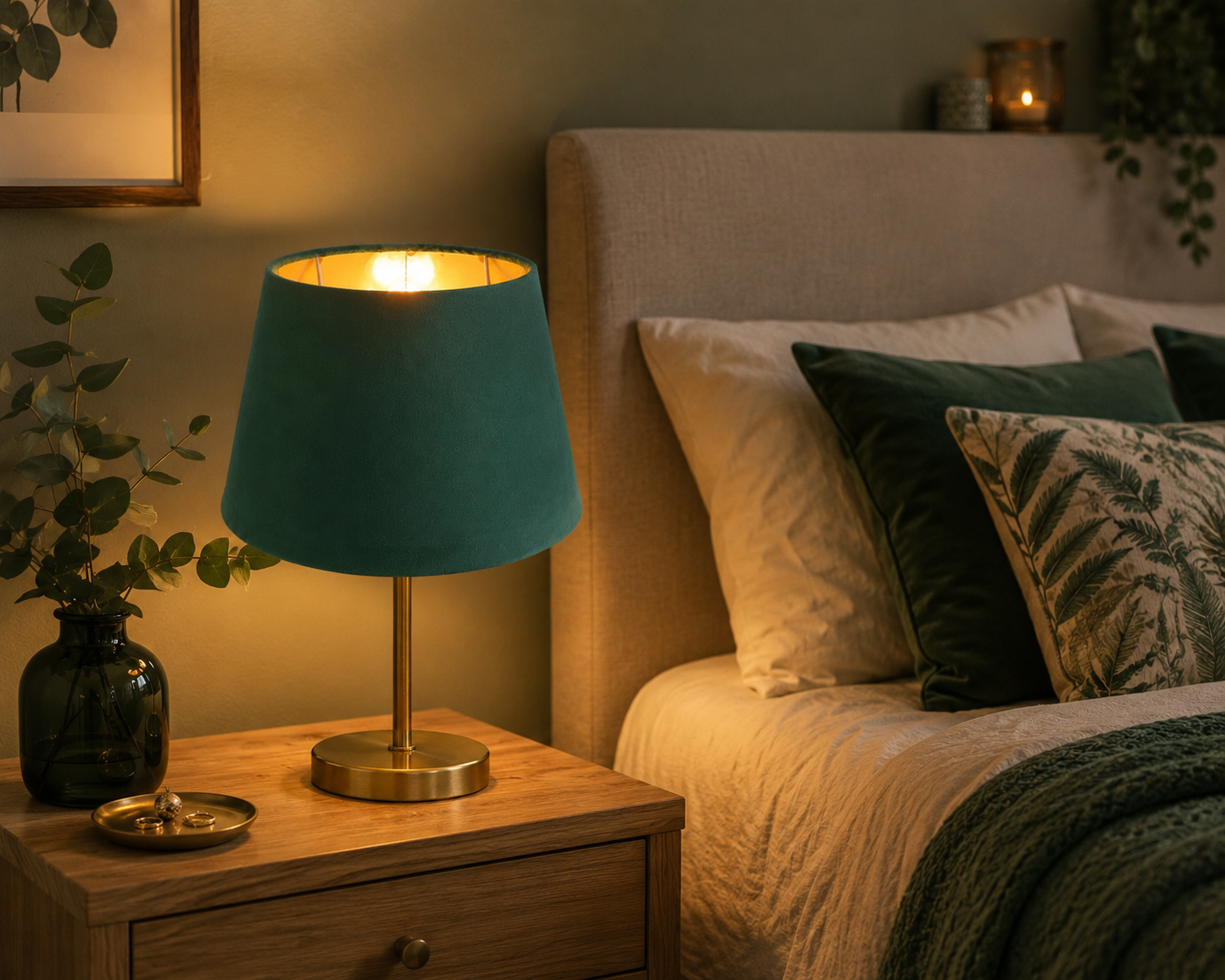 Abat-jour Montaigne vert sur lampe de chevet dans une chambre avec lumière chaude