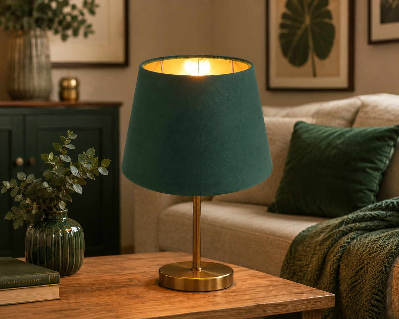 Abat-jour Montaigne vert sur lampe dans un salon avec lumière chaude