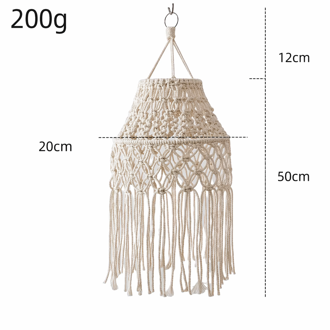 Dimensions de l’abat-jour Olympe en macramé avec pompons diamètre 20 cm