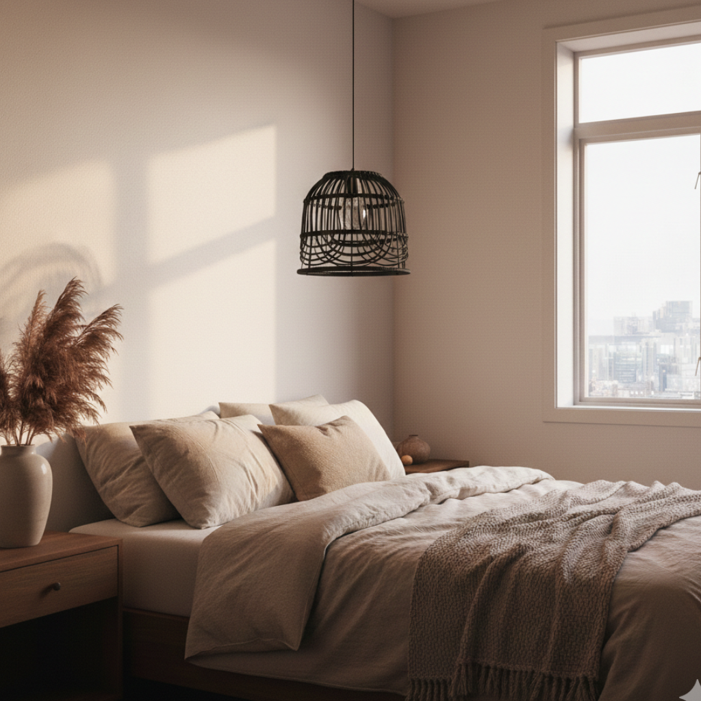 Abat-jour Passy noir en suspension dans une chambre claire