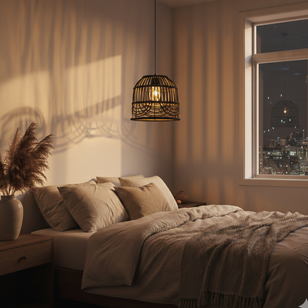 Abat-jour Passy noir en suspension dans une chambre avec lumière chaude