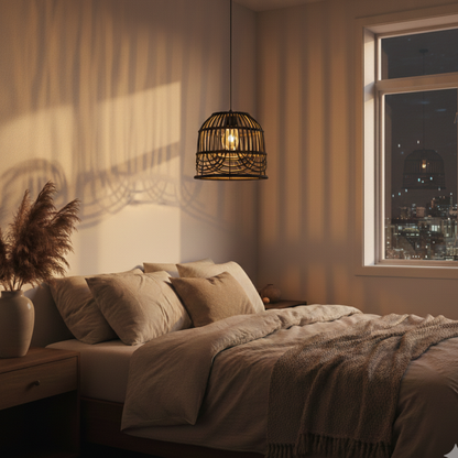 Abat-jour Passy noir en suspension dans une chambre avec lumière chaude