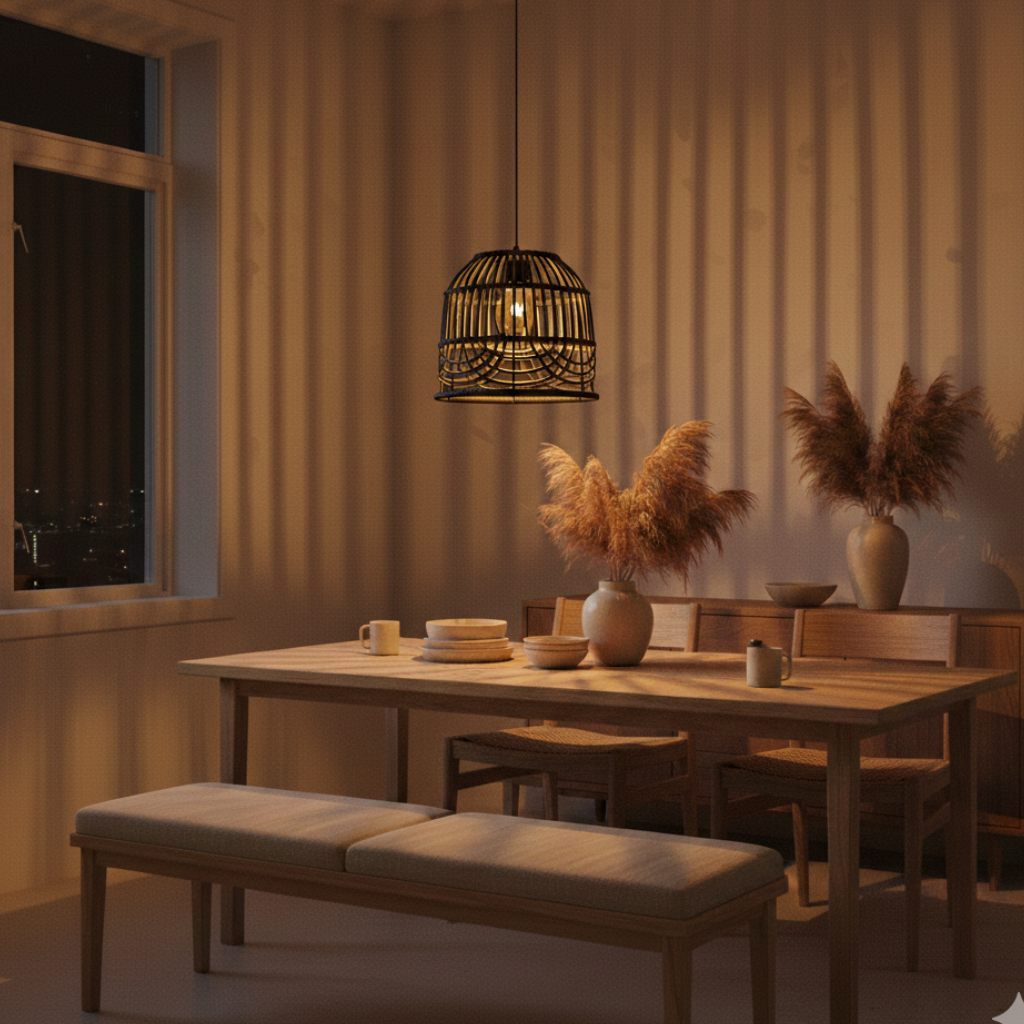 Abat-jour Passy noir en suspension au-dessus d’une table avec lumière chaude