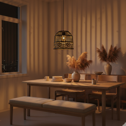Abat-jour Passy noir en suspension au-dessus d’une table avec lumière chaude