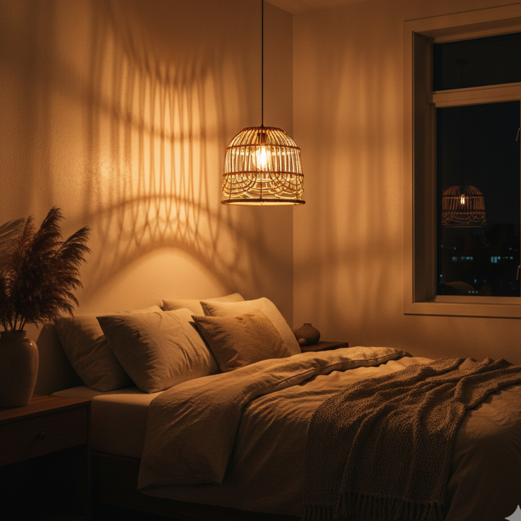 Abat-jour Passy en suspension dans une chambre avec lumière chaude