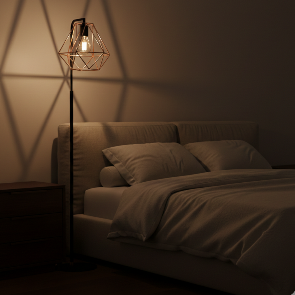 Abat-jour Pyramides en suspension dans une chambre avec lumière chaude