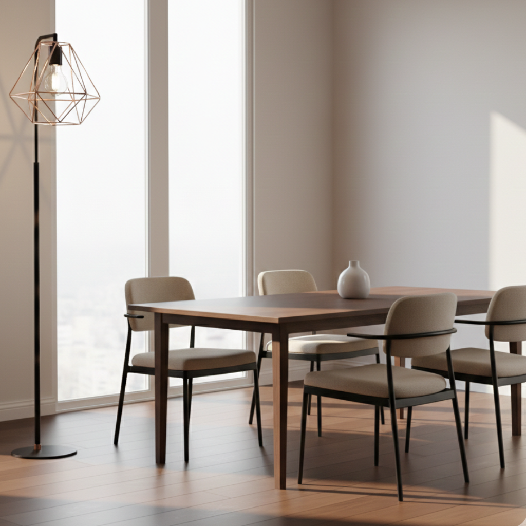 Abat-jour Pyramides en suspension au-dessus d’une table dans une salle à manger claire