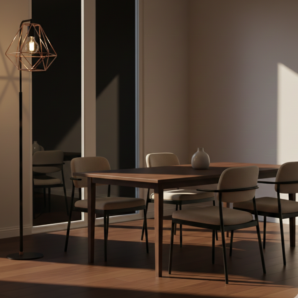 Abat-jour Pyramides en suspension au-dessus d’une table avec lumière chaude