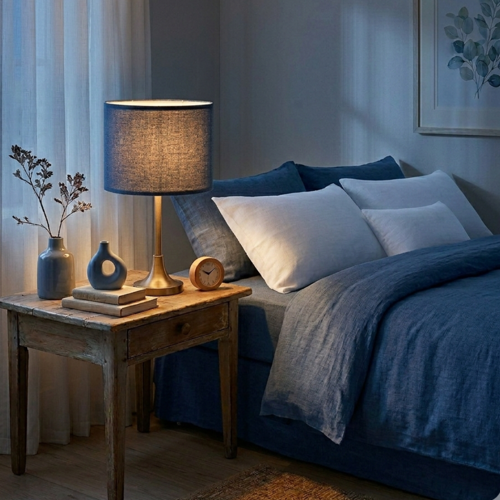 Abat-jour Raspail bleu sur lampe de chevet dans une chambre avec lumière chaude