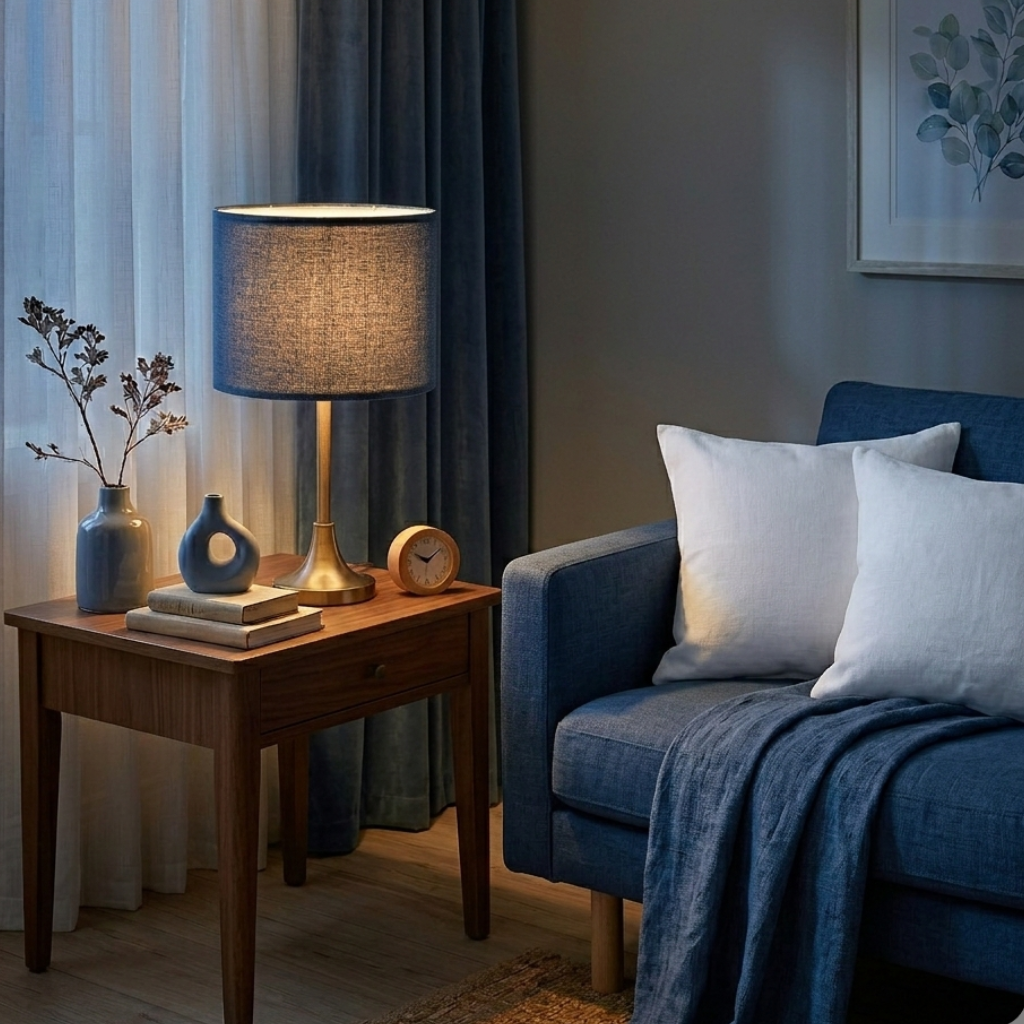 Abat-jour Raspail bleu sur lampe de table dans un salon avec lumière chaude
