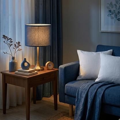 Abat-jour Raspail bleu sur lampe de table dans un salon avec lumière chaude