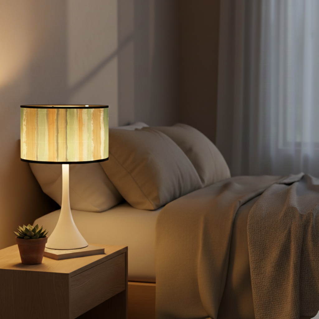 Abat-jour Rivoli sur lampe de chevet dans une chambre avec lumière chaude