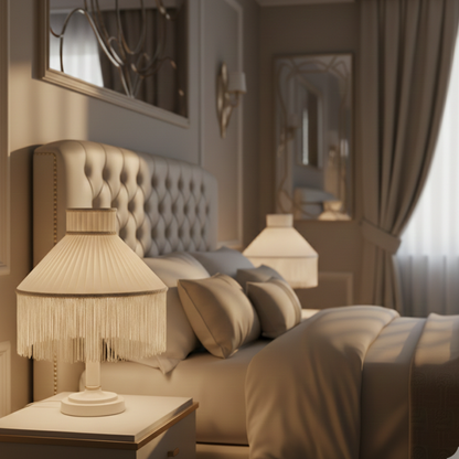 Abat-jour Rochechouart sur lampe de chevet dans une chambre avec lumière chaude