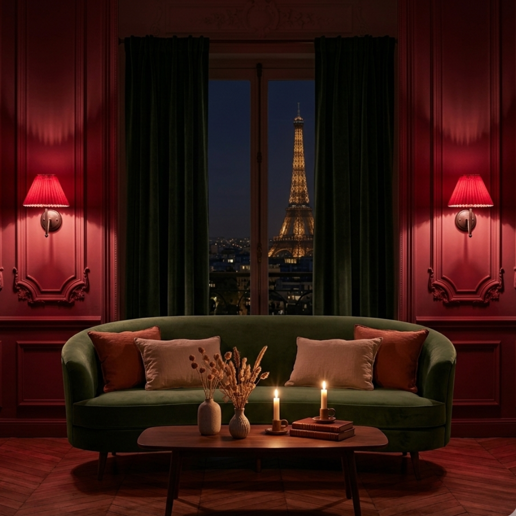 Abat-jour Sèvres rouge dans un salon avec lumière chaude